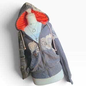 Billabong Y2K Zip Up Hoodie Charcoal Grey Mandala Graphic Print Orange Lined